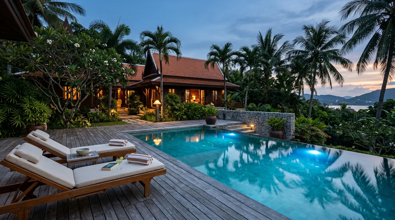 A private villa pool at dusk with underwater lights glowing blue, surrounded by palm trees and a wooden deck with two sun loungers