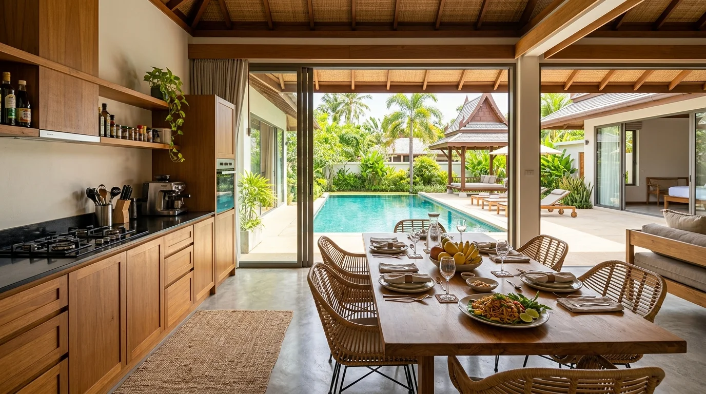 A villa kitchen with an open plan layout looking out towards a private pool, a wooden dining table set for a group meal, and afternoon light streaming through large glass doors