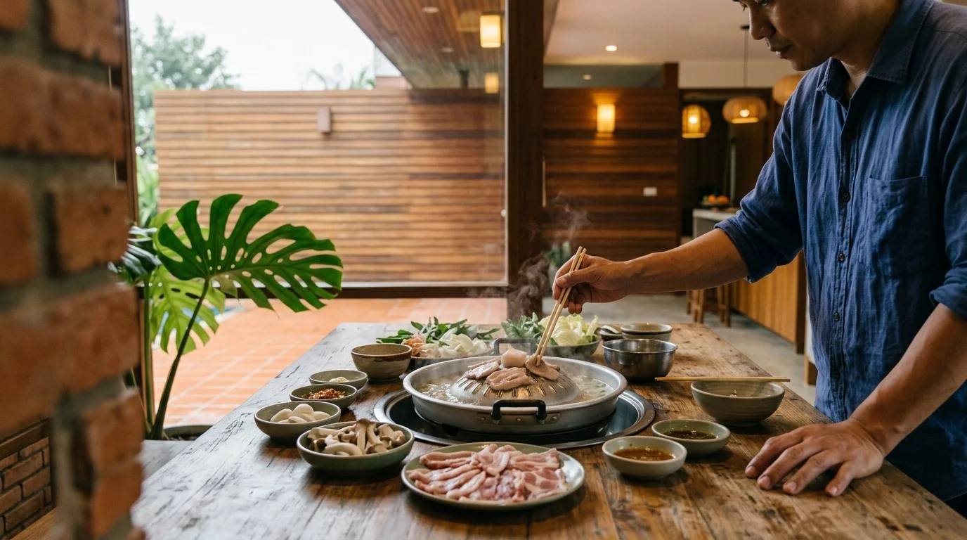 โต๊ะหมูกระทะและชาบูบุฟเฟ่ต์ที่ร้านอาหาร มีเนื้อและผักวางเรียงบนถาด บรรยากาศร้านอบอุ่น
