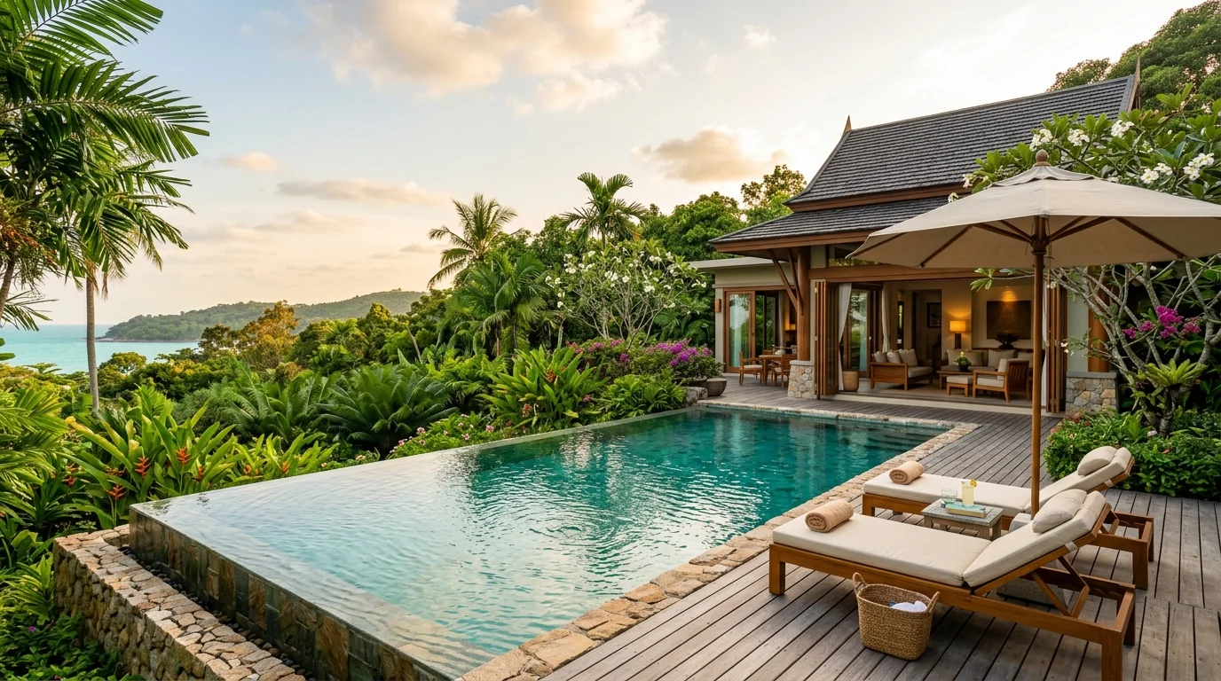 A private pool villa in Rayong with a large outdoor swimming pool, sun loungers, and tropical garden lit up in the late afternoon