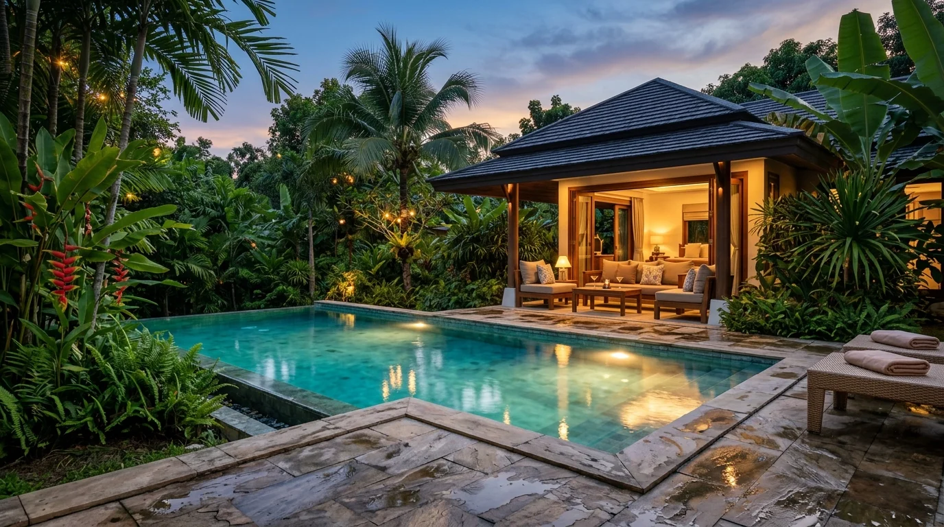 A private villa pool surrounded by tropical greenery at dusk, with warm lights reflecting on the water and outdoor seating visible in the background
