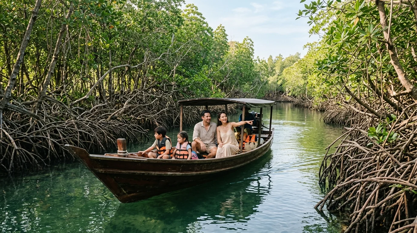 ครอบครัวนั่งเรือชมป่าชายเลนยามเช้า น้ำสีเขียวใสล้อมรอบด้วยรากไม้โกงกางหนาแน่น