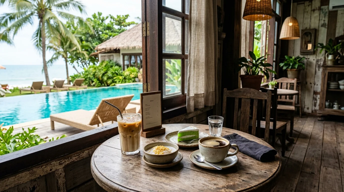 โต๊ะกาแฟและของหวานในคาเฟ่บรรยากาศวินเทจ แสงธรรมชาติส่องผ่านหน้าต่างไม้ บรรยากาศอบอุ่น