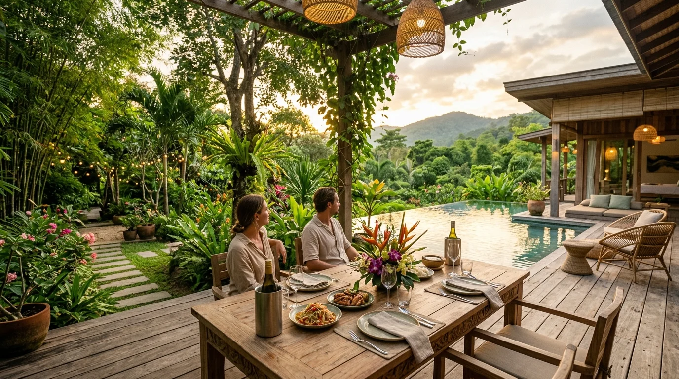 โต๊ะอาหารกลางแจ้งริมสวน บรรยากาศร้านอาหารนครนายกในช่วงเย็น แสงอุ่นและต้นไม้รายล้อม