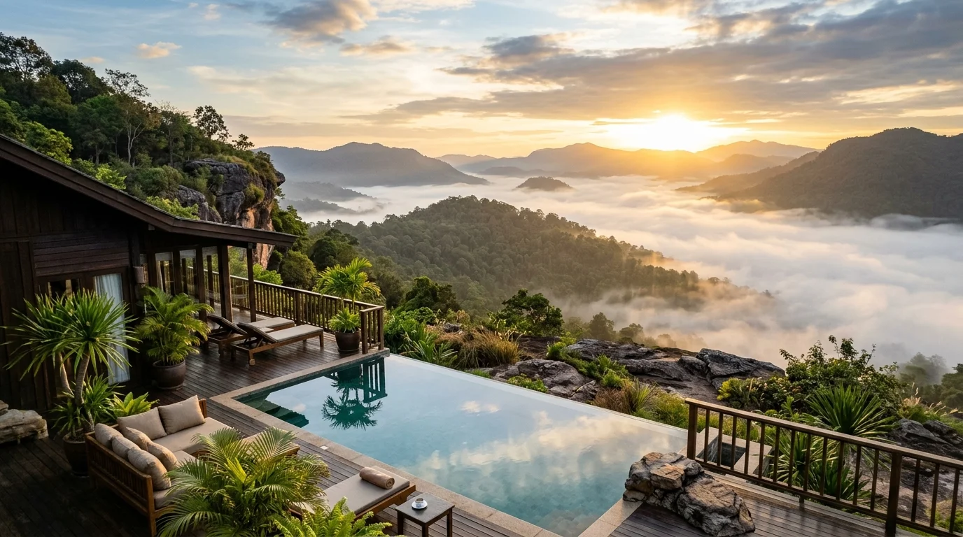 A panoramic view from Pha Diao Dai Cliff at sunrise, with golden light breaking through morning fog over a forested valley
