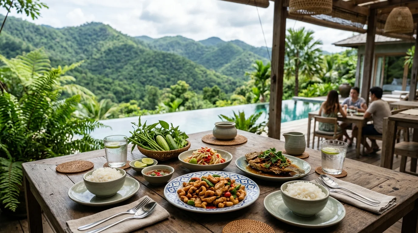 จานอาหารไทยมื้อกลางวันบนโต๊ะไม้ พร้อมชามข้าวและน้ำจิ้ม บรรยากาศร้านอาหารกลางแจ้งเขาใหญ่