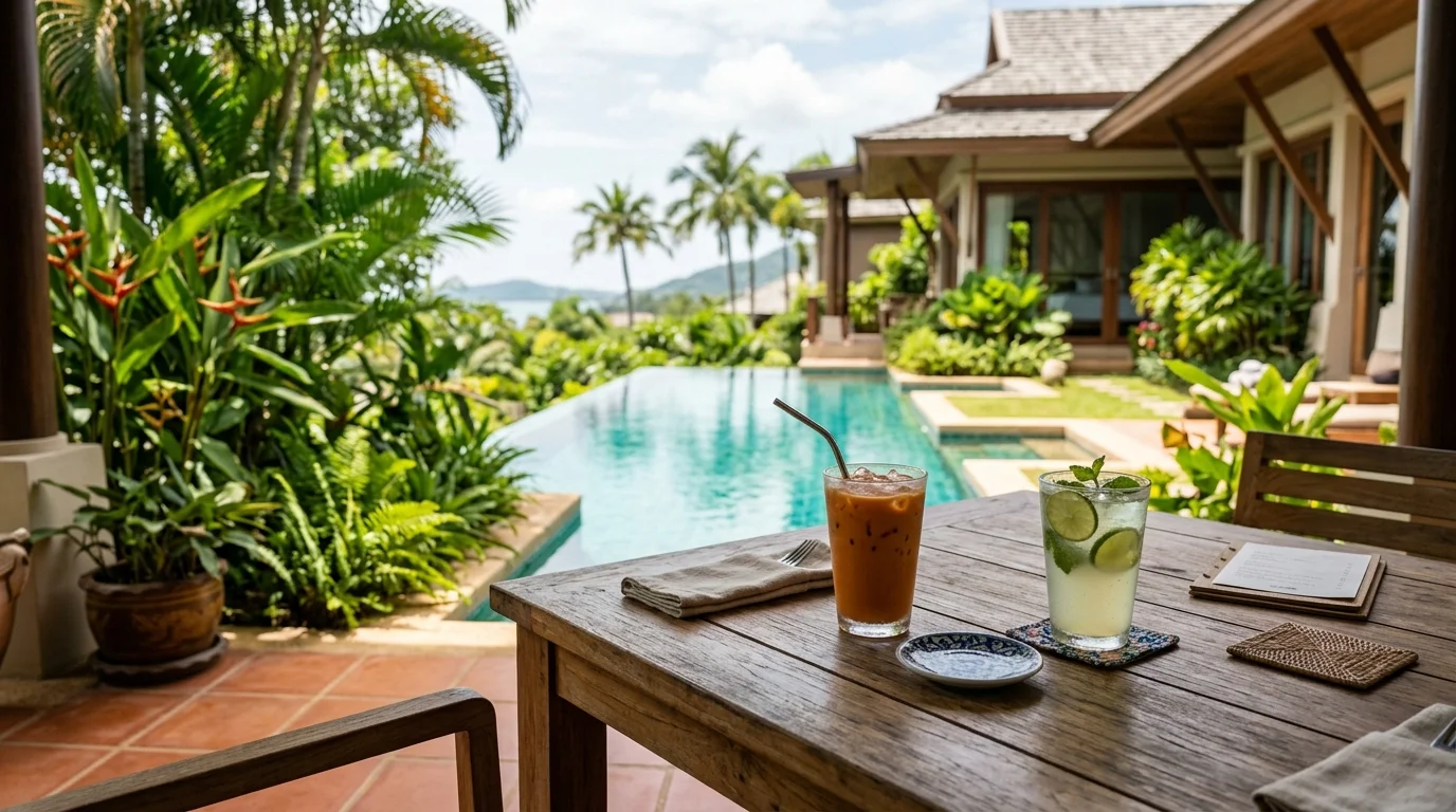 A sunlit cafe terrace in Pattaya with iced drinks on a wooden table and lush greenery in the background