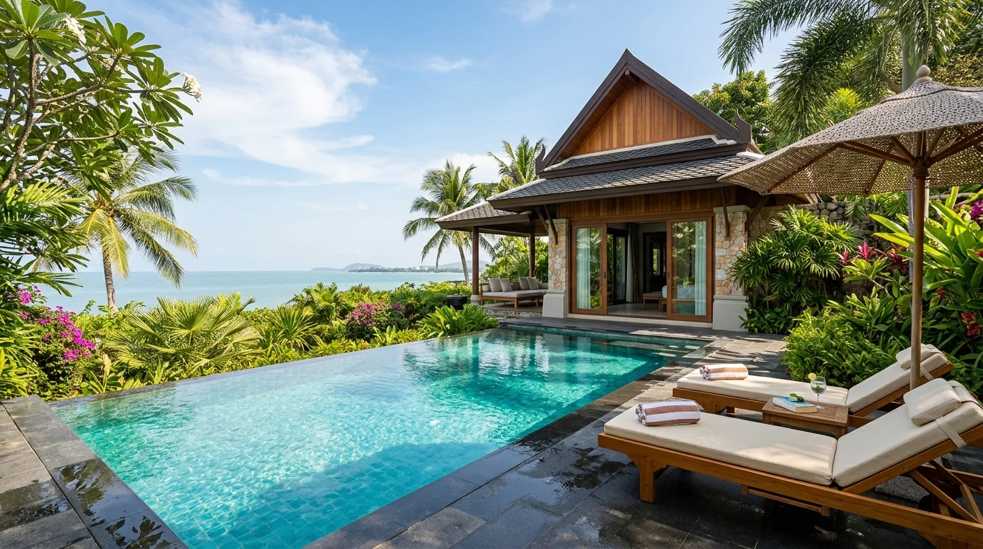 A large private pool at a Thai villa on a sunny afternoon, surrounded by sun loungers and tropical garden planting, with no other guests in sight