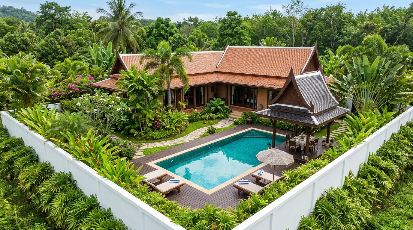 An aerial view of a Thai villa compound showing a rectangular pool, a shaded outdoor dining sala, and a lush garden enclosed by a white rendered wall
