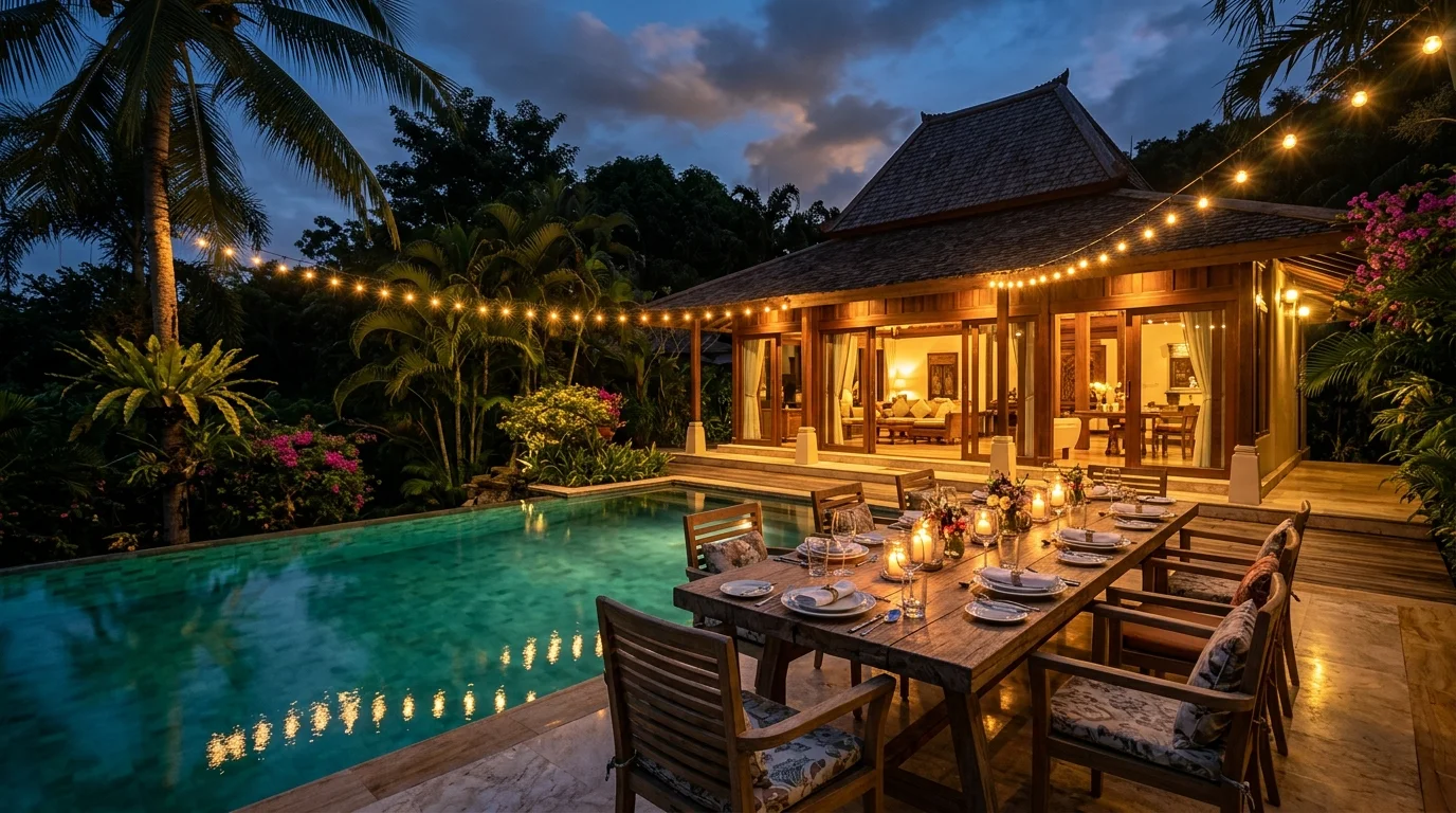 An outdoor dining table set for a group meal beside a private pool at dusk, with string lights overhead and the surrounding garden going dark