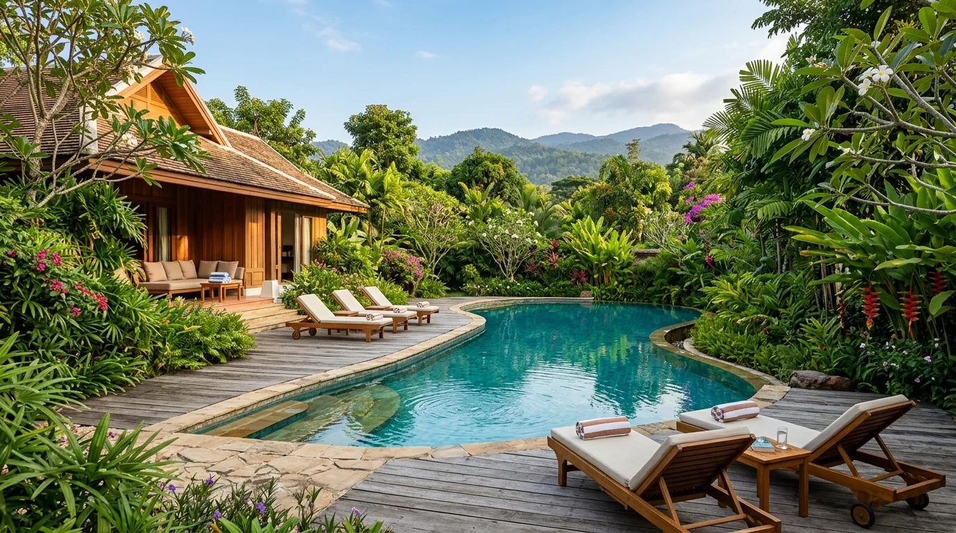 สระว่ายน้ำของบ้านพักส่วนตัวในบรรยากาศสวนเขียวขจี มีเก้าอี้ผ้าใบเรียงรอบสระ