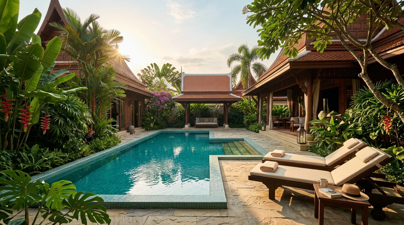 A private pool villa courtyard in the early morning, with a turquoise pool surrounded by tropical plants and wooden sun loungers casting long shadows across the tiles