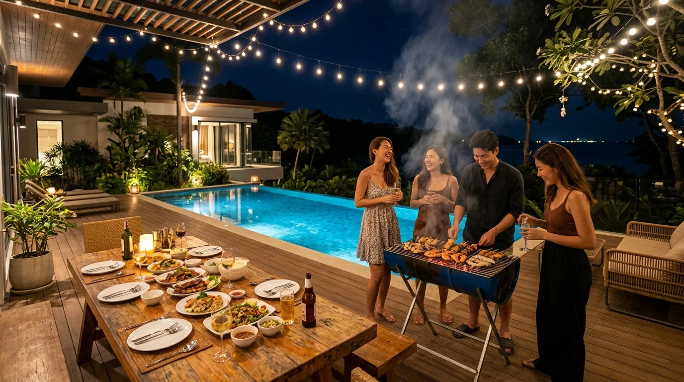 A group of friends gathered around a barbecue grill on a villa terrace at night, fairy lights strung overhead, plates of food on a long table