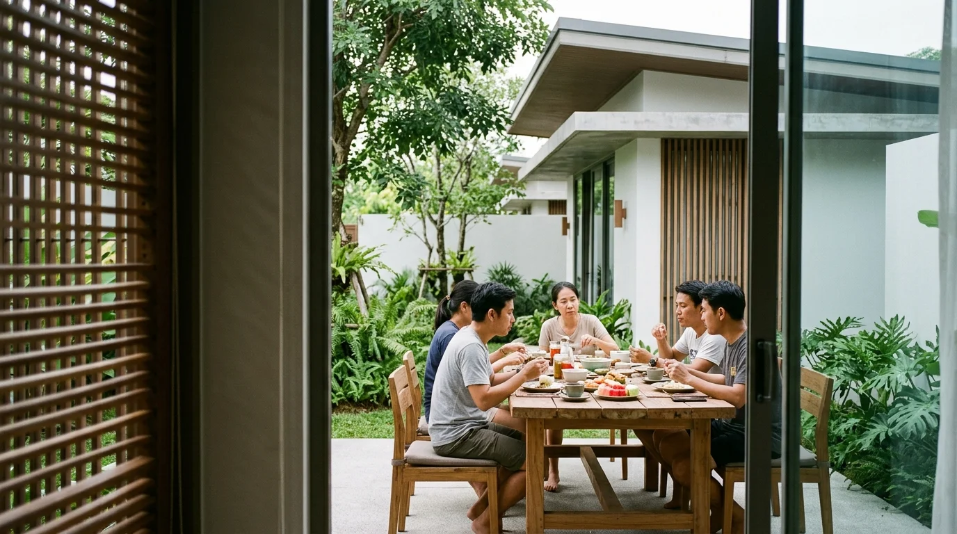 กลุ่มเพื่อนนั่งรวมกันรอบโต๊ะอาหารกลางแจ้งในสวนวิลล่า บรรยากาศยามเย็นแสงอ่อน