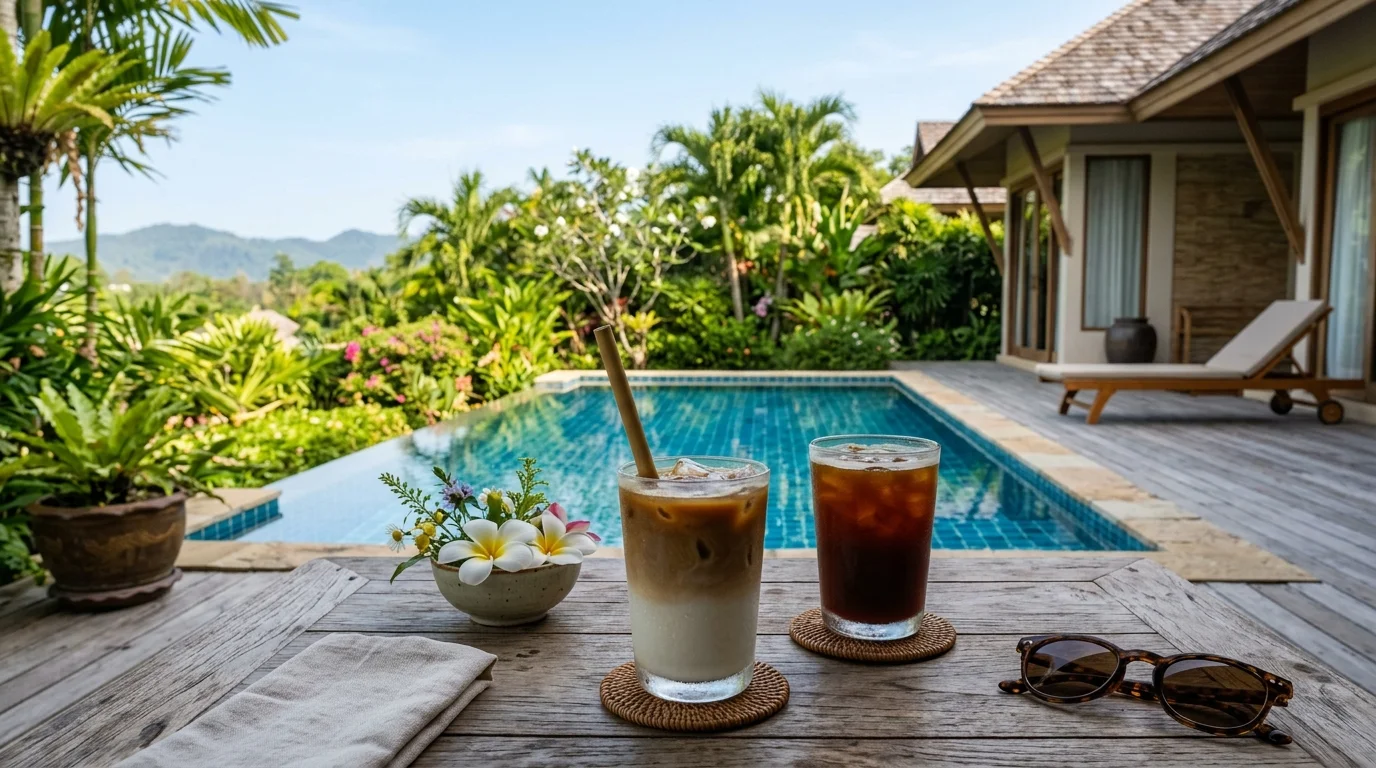 Iced specialty coffee drinks on a wooden cafe table with a garden view in the background, natural morning light