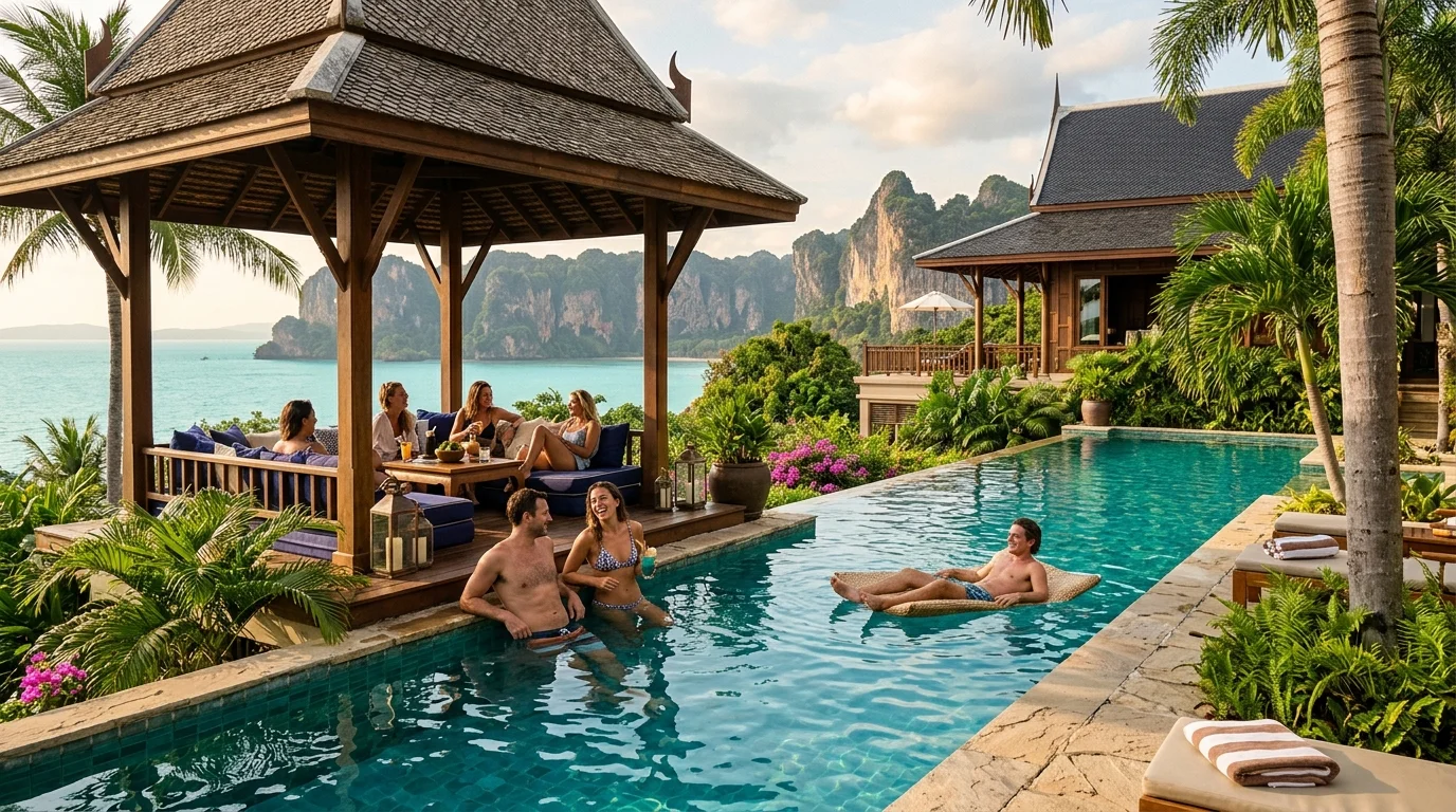 A group of friends relaxing around a large private villa pool in Thailand, surrounded by tropical greenery and an open-sided sala with cushioned seating