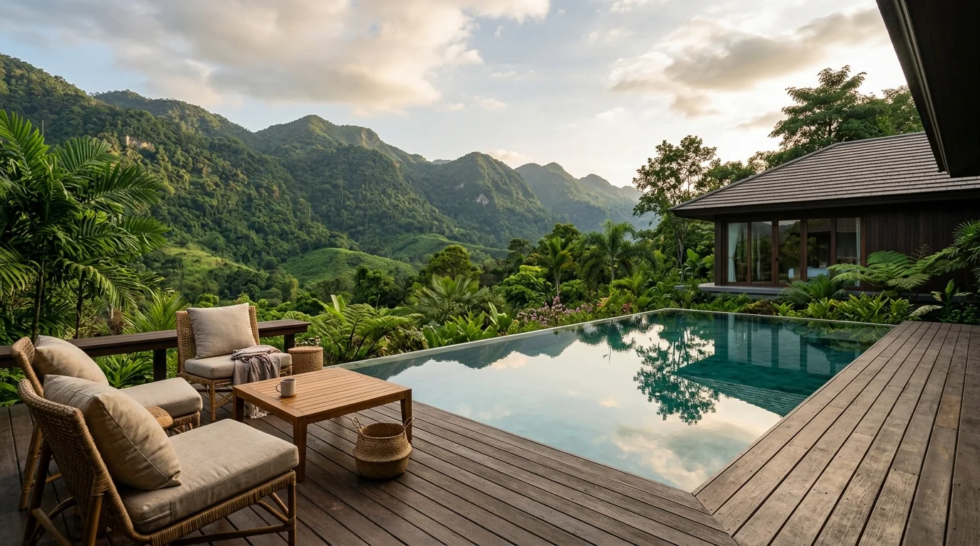 A private pool villa terrace in a mountain setting, with a still pool reflecting green hills and a comfortable outdoor seating area in soft afternoon light