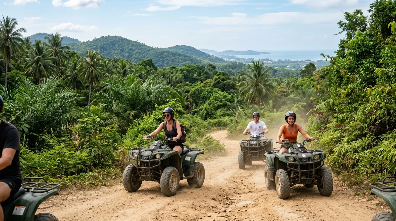 A group of friends riding ATVs along a dusty off-road trail surrounded by tropical greenery near Pattaya