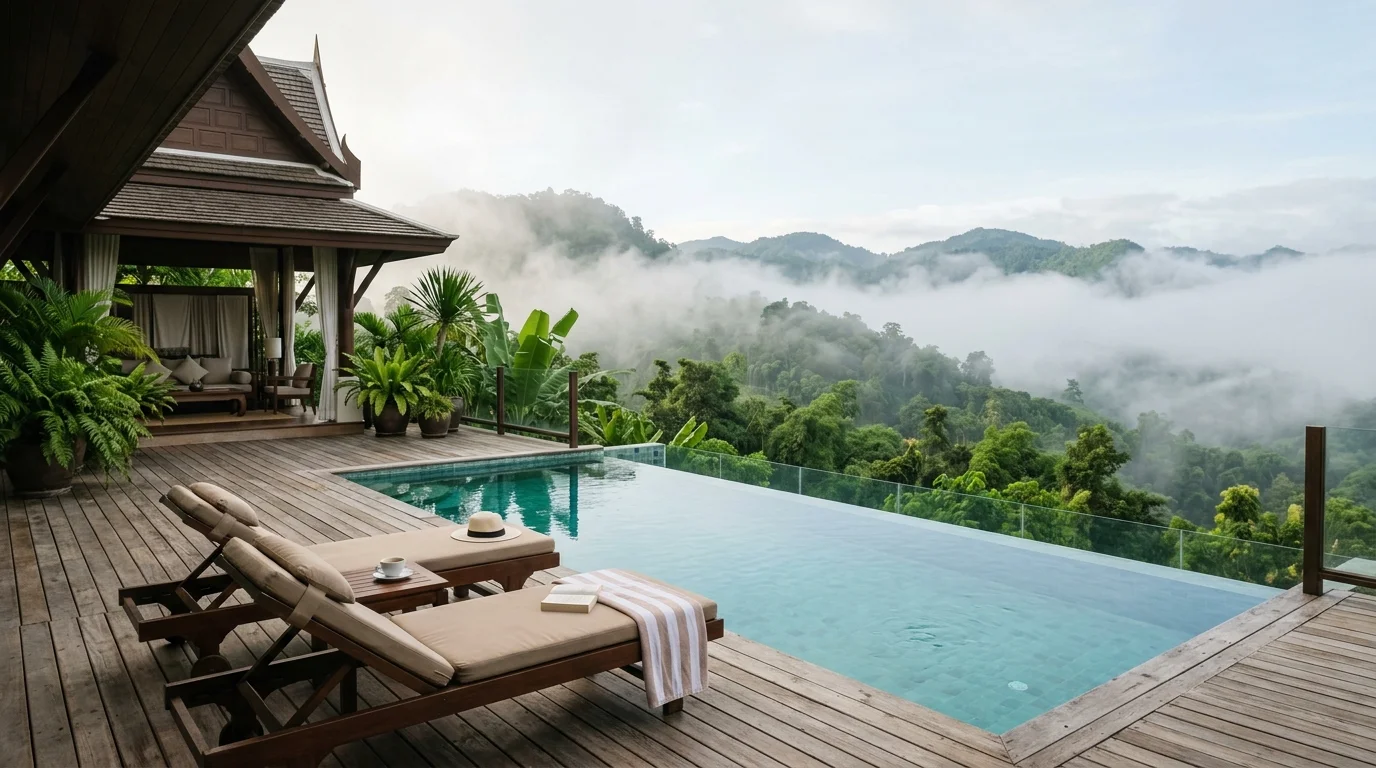 A misty mountain morning in Khao Yai, with rolling green hills disappearing into low cloud and a wooden terrace in the foreground