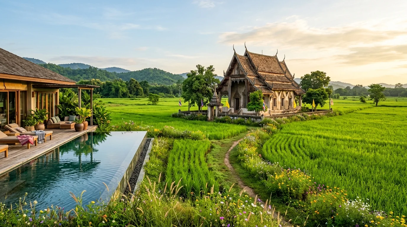 โบสถ์เก่าของวัดในนครนายกล้อมรอบด้วยทุ่งนาเขียวและดอกไม้ป่าในช่วงเช้า