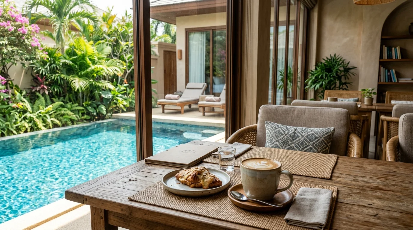 มุมนั่งในคาเฟ่บรรยากาศอบอุ่น แสงธรรมชาติส่องผ่านหน้าต่างบานใหญ่ มีแก้วกาแฟและขนมวางบนโต๊ะไม้