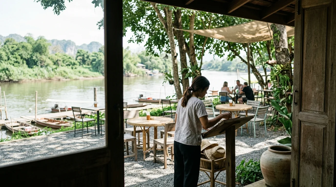 บรรยากาศคาเฟ่ริมแม่น้ำกาญจนบุรี มีโต๊ะนั่งกลางแจ้งล้อมรอบด้วยต้นไม้สีเขียวและแสงบ่ายอ่อนๆ