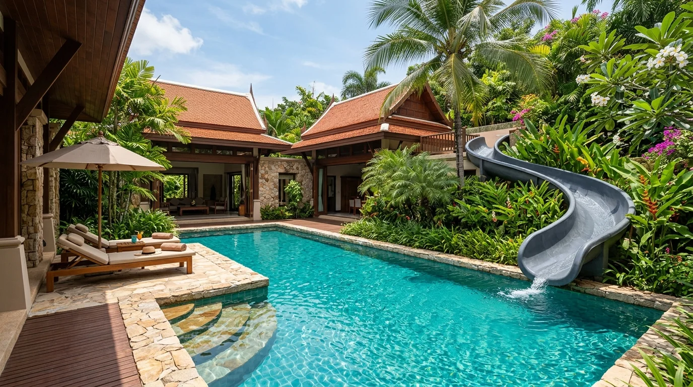 A private pool with a water slide at a Thai villa, surrounded by tropical plants, photographed in bright afternoon sunlight