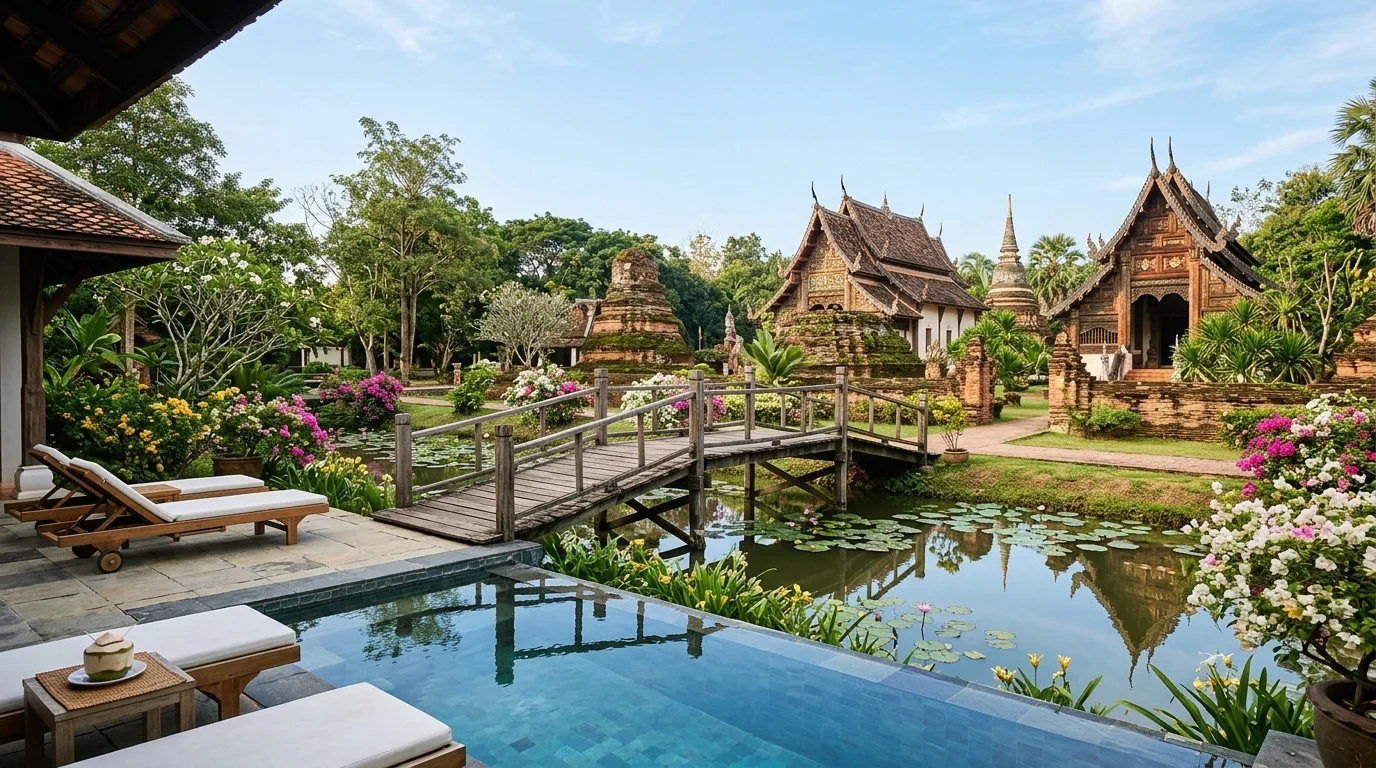 บรรยากาศลานวัดเก่าในนครนายก มีสะพานไม้และดอกไม้บาน ท้องฟ้าใสๆ ยามเช้า