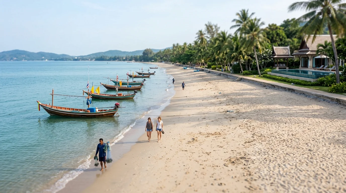 A wide sandy beach in the early morning with fishing boats anchored offshore, a few locals walking along the waterline, and palm trees lining the promenade in the background