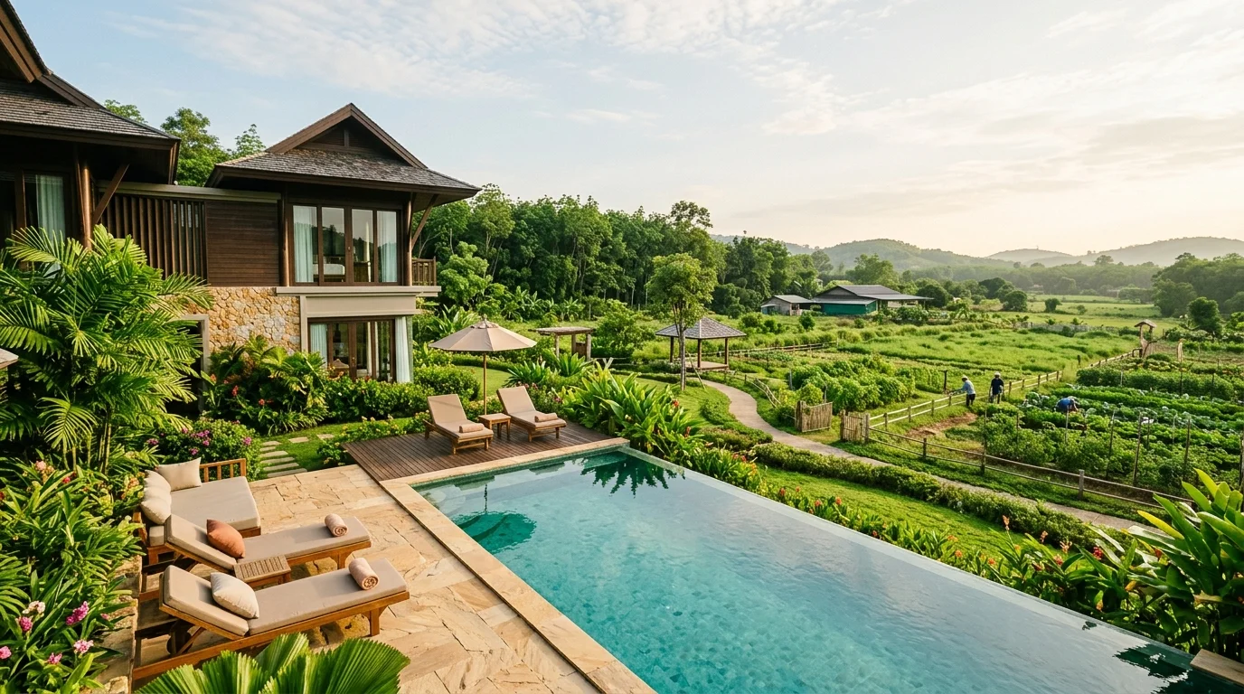 ทิวทัศน์ฟาร์มท่องเที่ยวในระยอง มีสวนสีเขียว ลานโล่ง และบรรยากาศชนบทที่เงียบสงบในช่วงเช้า