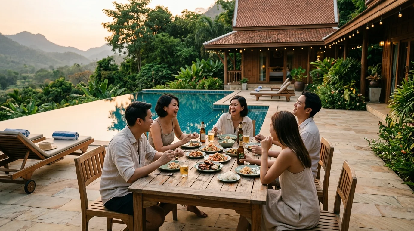กลุ่มเพื่อนนั่งคุยกันรอบโต๊ะกลางแจ้งใกล้สระน้ำในบ้านพักชนบท บรรยากาศเย็นสบายตอนเย็น ไม่มีตัวอักษรในภาพ