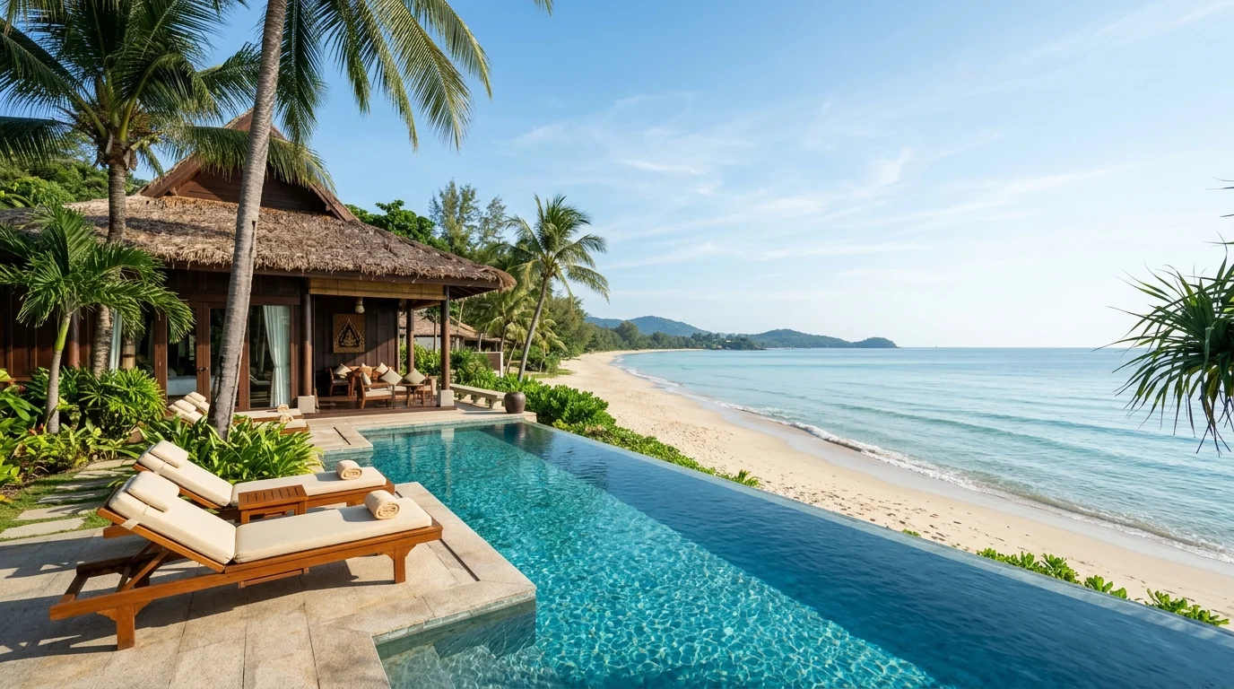 ทิวทัศน์ชายหาดระยองในช่วงเช้า น้ำทะเลใสสีเขียวอมฟ้า ท้องฟ้าโปร่ง ไม่มีคนพลุกพล่าน