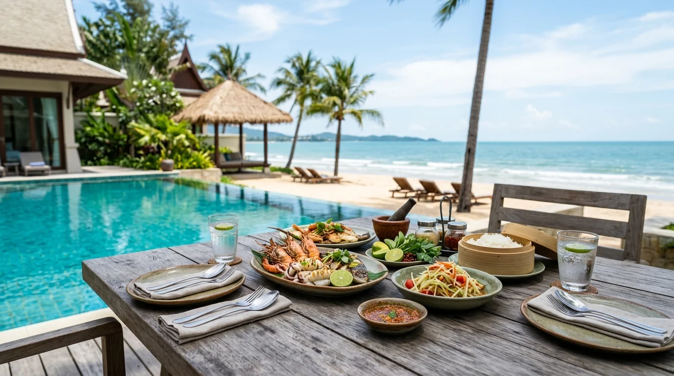 A large outdoor table set with plates of grilled seafood, green papaya salad, and steamed rice at a beachside restaurant in Thailand, with the sea visible in the background