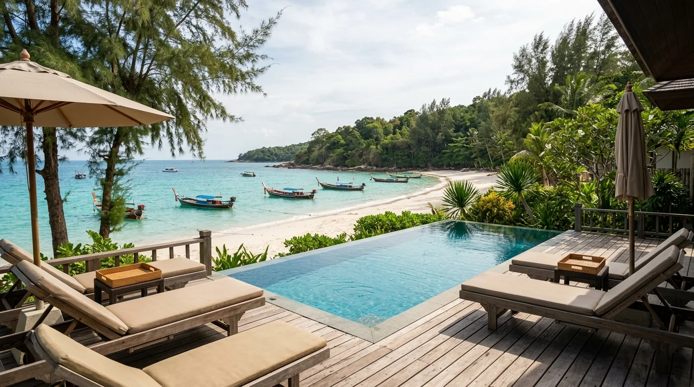 A white sand beach on Koh Samet with clear turquoise water, longtail boats moored near the shore, and a line of casuarina trees providing shade