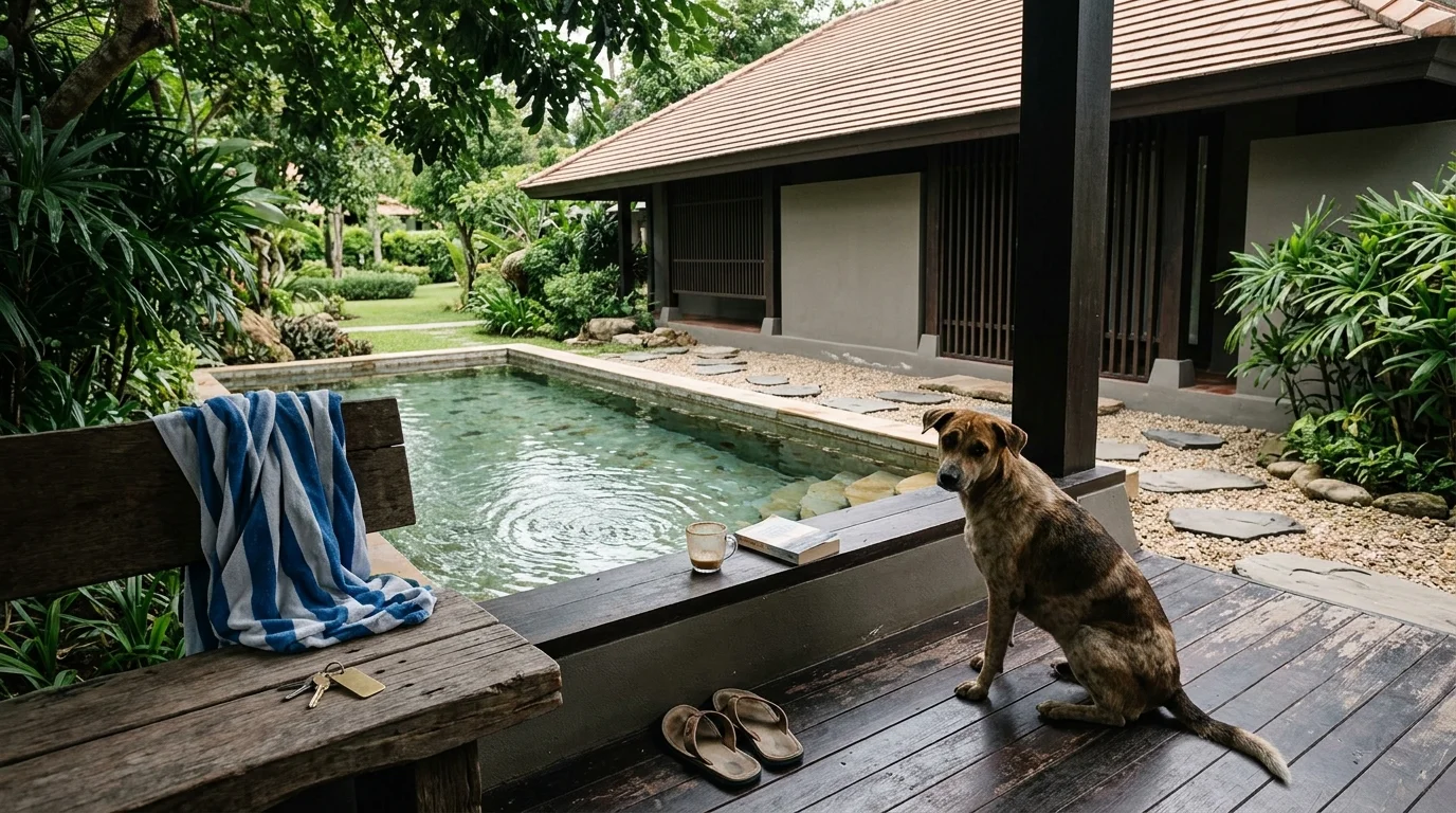สุนัขพันธุ์กลางนั่งอยู่ริมสระว่ายน้ำส่วนตัวของวิลล่า มองออกไปยังสวนสีเขียวโดยรอบ บรรยากาศผ่อนคลายในช่วงบ่าย