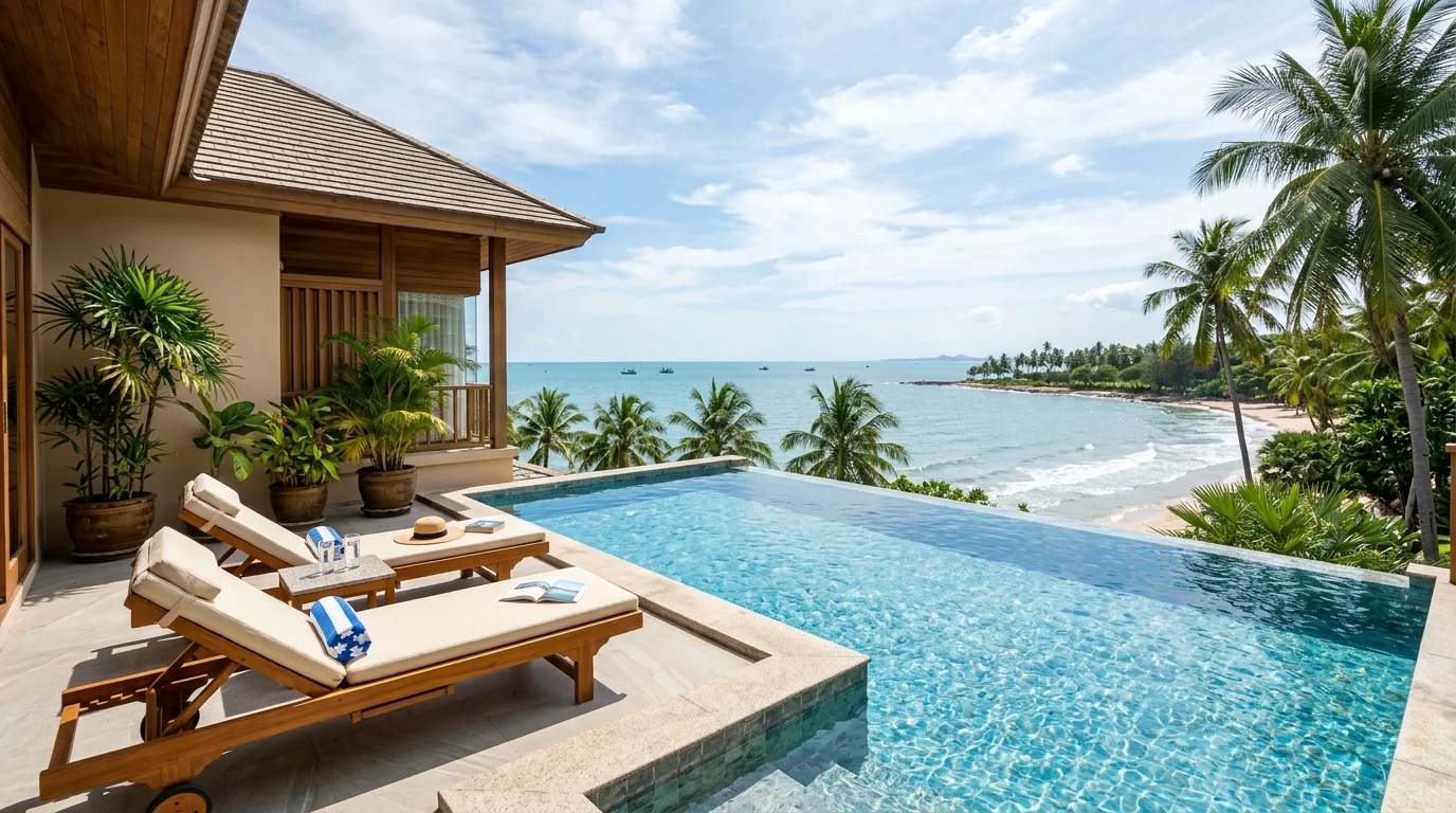 สระว่ายน้ำส่วนตัวของวิลล่าริมทะเล น้ำในสระสีฟ้าใส มีเก้าอี้ผ้าใบวางข้างสระ พื้นหลังเป็นท้องฟ้าและต้นมะพร้าว