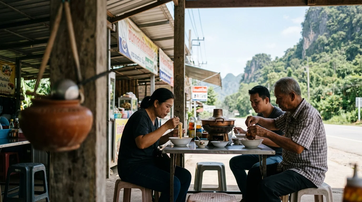 โต๊ะอาหารกลุ่มเพื่อนนั่งล้อมวงกินหมูกระทะยามค่ำ บรรยากาศอบอุ่น มีเตาถ่านตรงกลาง ไม่มีตัวอักษรในภาพ