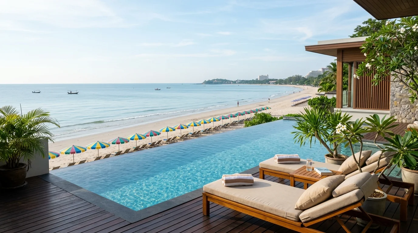 วิวหาดทรายหัวหินยามเช้า มีร่มชายหาดสีสันสดใสปักเรียงราย คลื่นทะเลสงบ ท้องฟ้าสีฟ้าอ่อน ไม่มีผู้คนพลุกพล่าน