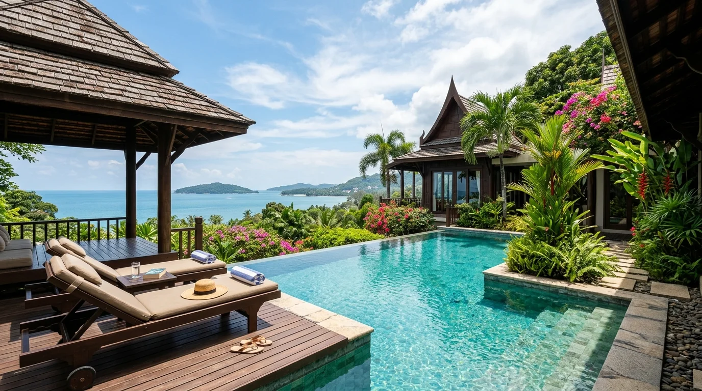 A sun-drenched private pool at a Thai villa surrounded by tropical plants, with two sun loungers and a clear view toward the sea in the distance