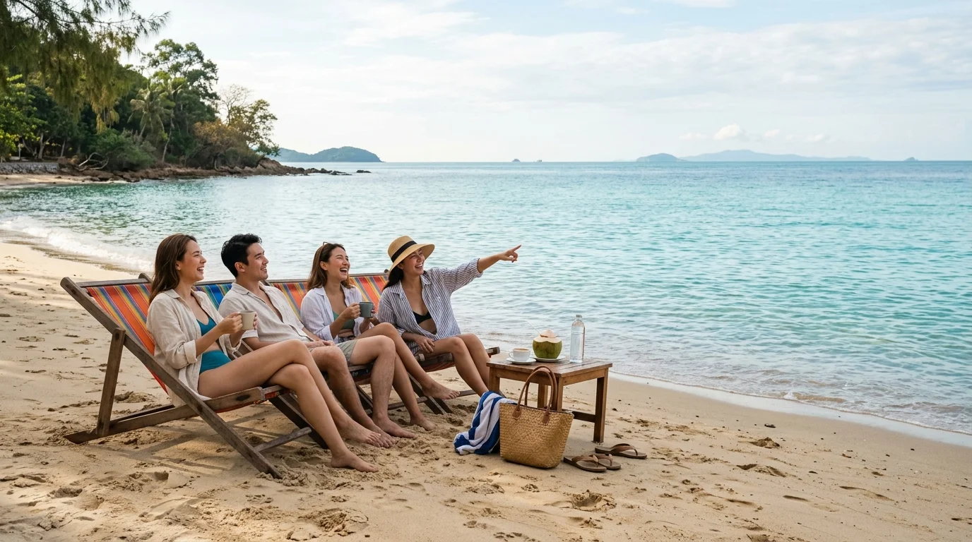 กลุ่มเพื่อนนั่งเก้าอี้ผ้าใบริมหาดบางแสนช่วงเช้า มองออกไปยังทะเลสีฟ้าใส ไม่มีนักท่องเที่ยวคนอื่น