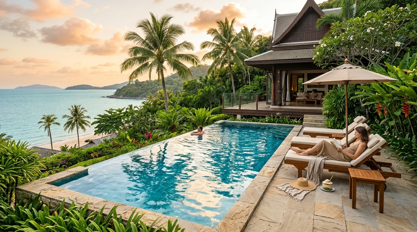 A private pool surrounded by tropical garden at a Thai villa, golden late-afternoon light reflecting on the water, sun loungers arranged around the edge