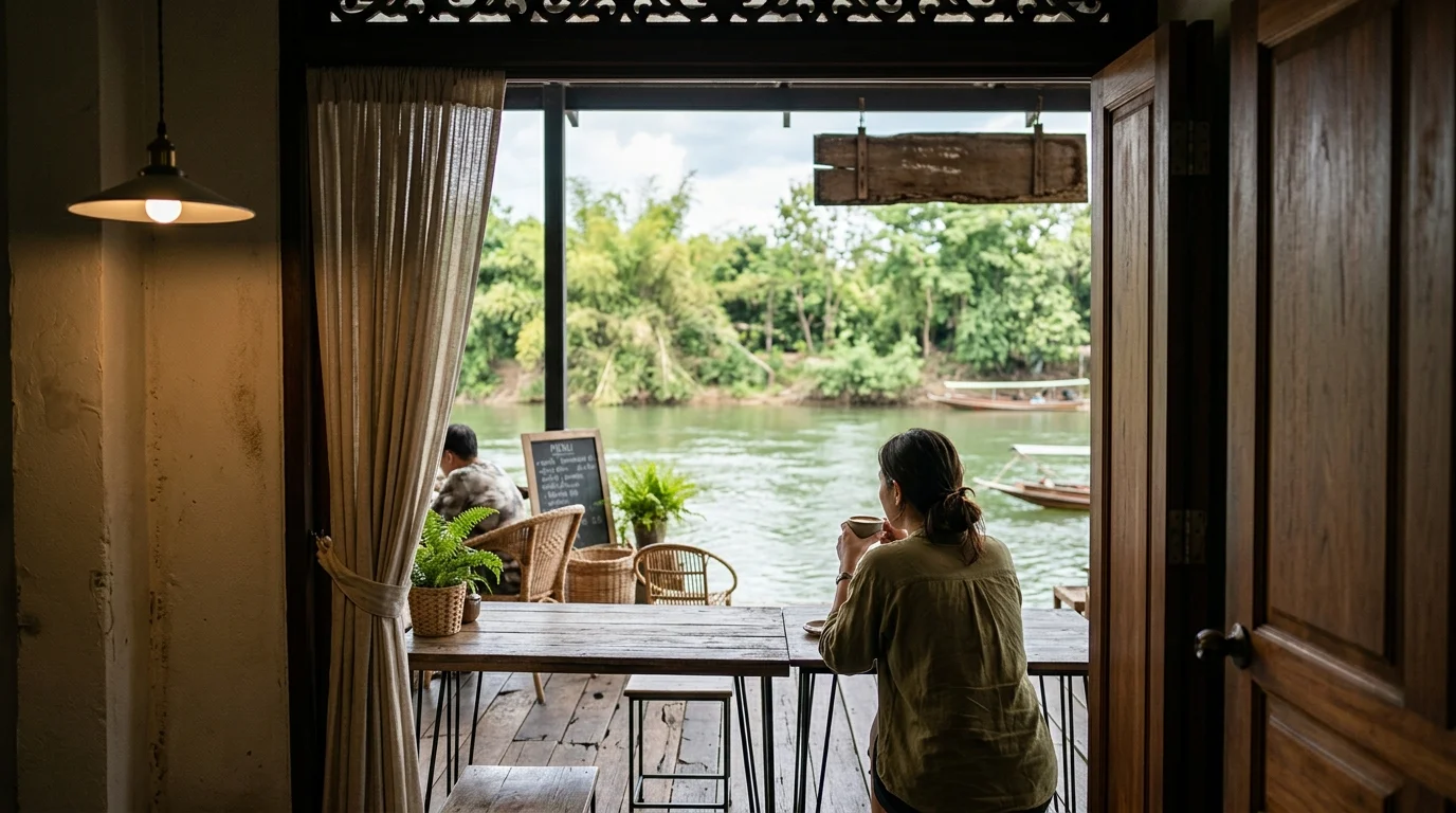 บรรยากาศคาเฟ่ริมแม่น้ำกาญจนบุรี มีโต๊ะนั่งชมวิวน้ำสีเขียว ท้องฟ้าแจ่มใส ไม่มีตัวอักษรในภาพ