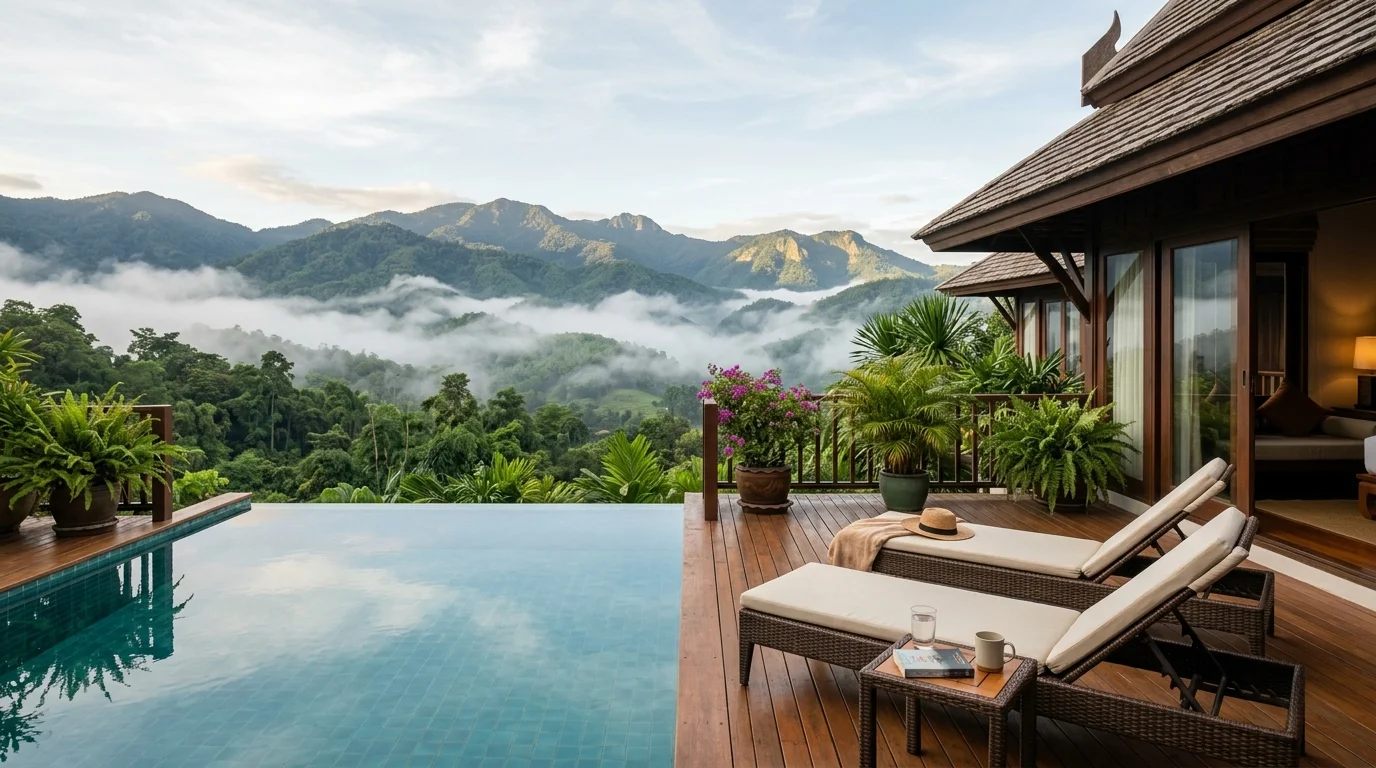 วิวภูเขาและหมอกยามเช้าที่มองเห็นได้จากระเบียงพูลวิลล่าในเขตชานเมืองเชียงใหม่