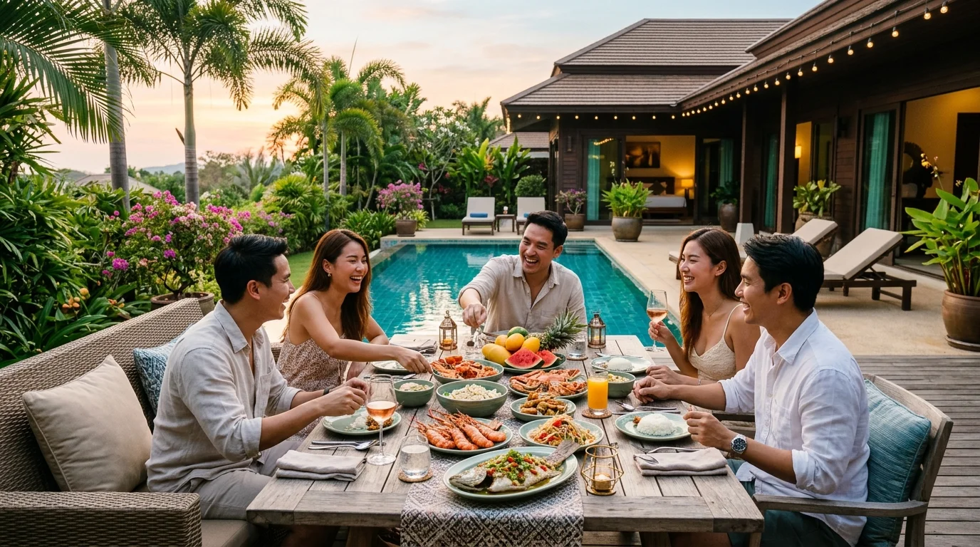 กลุ่มเพื่อนนั่งล้อมโต๊ะรับประทานอาหารกลางแจ้งในสวนของพูลวิลล่า บนโต๊ะมีอาหารทะเลและผลไม้ บรรยากาศเย็นสบายช่วงเย็น