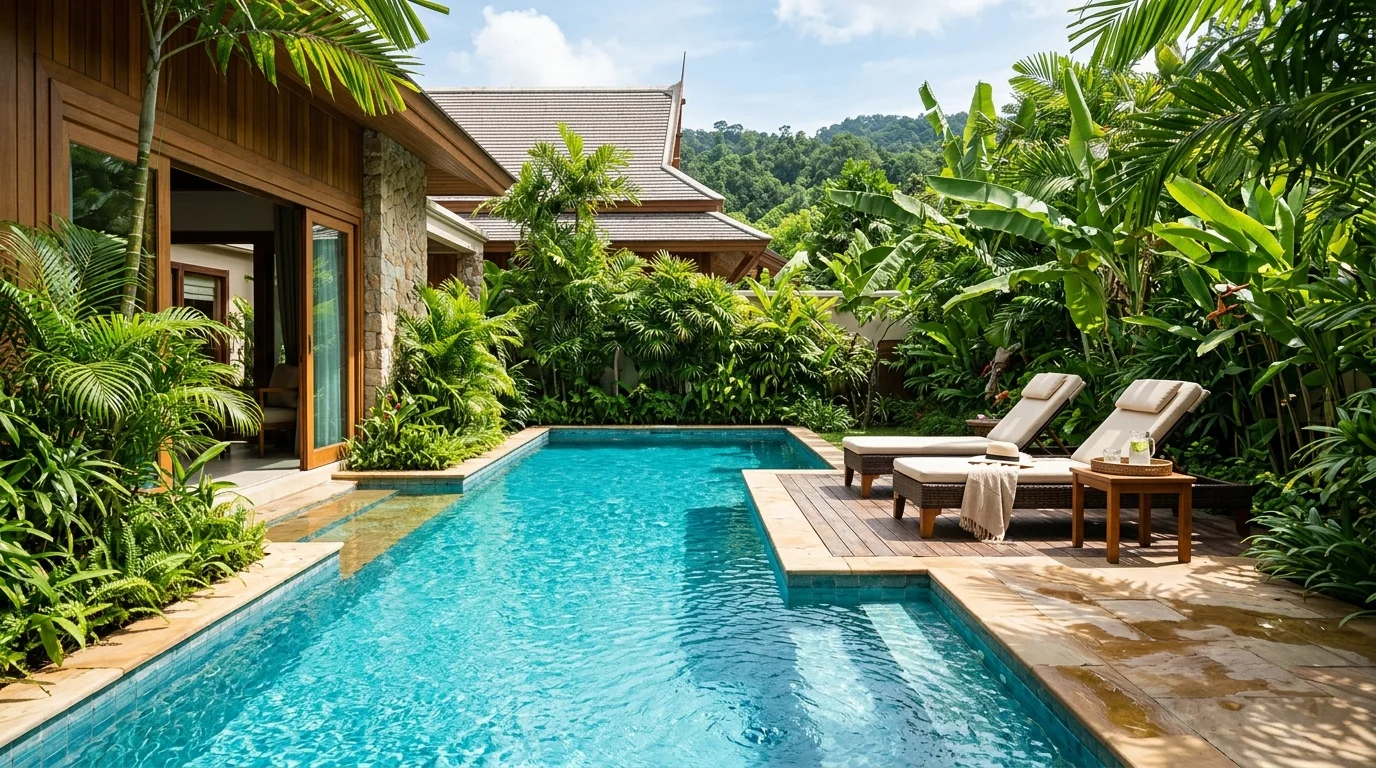 สระว่ายน้ำส่วนตัวในวิลล่าพักผ่อน น้ำใสสีฟ้า มีเก้าอี้ผ้าใบวางริมสระ ล้อมรอบด้วยต้นไม้เขียวชอุ่ม บรรยากาศร่มรื่นและเป็นส่วนตัว