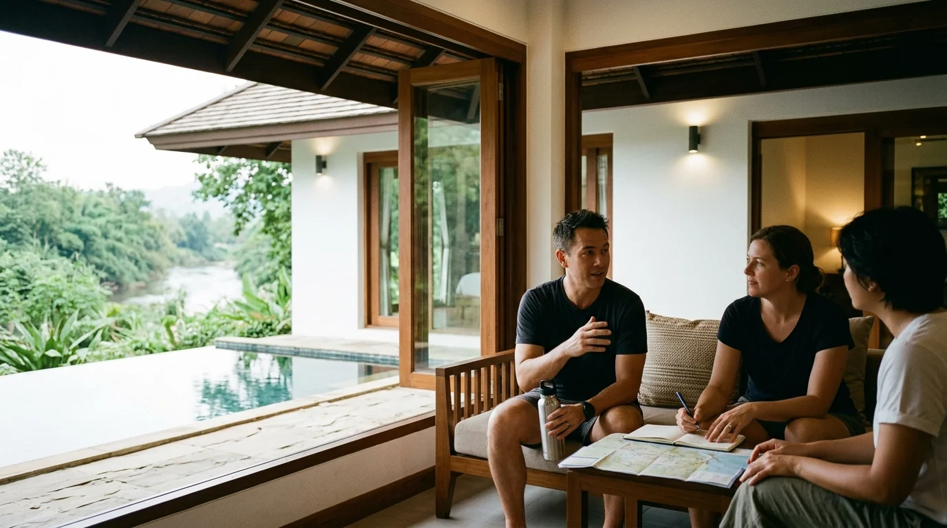 มุมนั่งริมน้ำของคาเฟ่กาญจนบุรี โต๊ะไม้กลางแจ้ง แสงอาทิตย์ยามบ่าย สายน้ำสีเขียวอมฟ้าด้านหลัง