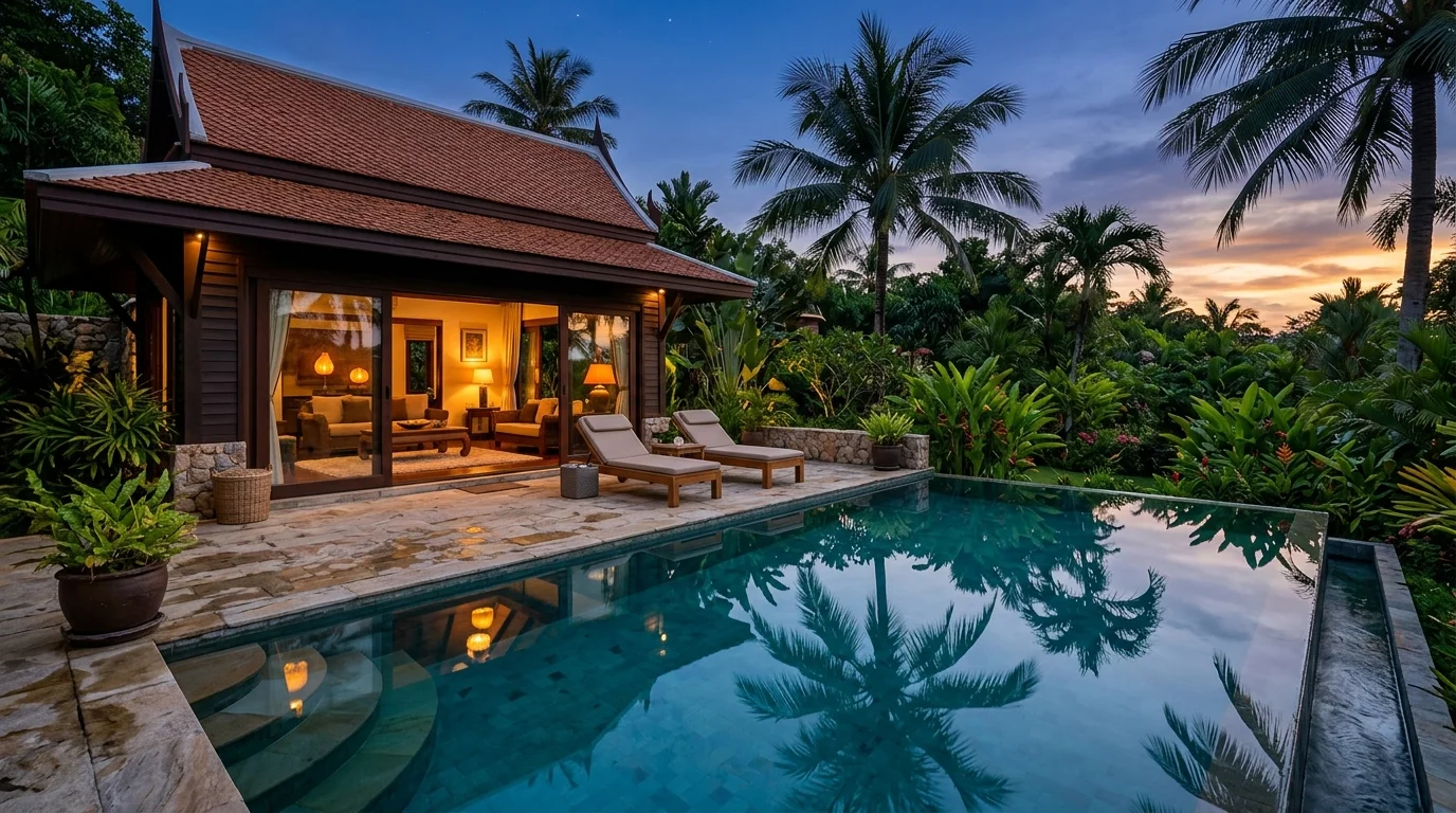 A private pool villa terrace in a tropical Thai garden at dusk, with still water reflecting palm trees and warm light glowing through open living room doors
