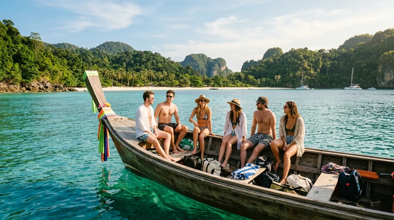 กลุ่มเพื่อนนั่งเรือหางยาวออกไปชมเกาะ มองเห็นน้ำทะเลสีเขียวใสและชายหาดทรายขาวในระยะไกล
