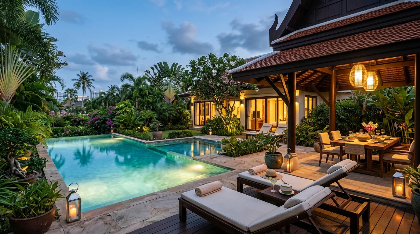 A private pool villa terrace at dusk with a lit swimming pool, sun loungers, and a covered outdoor dining area surrounded by tropical garden