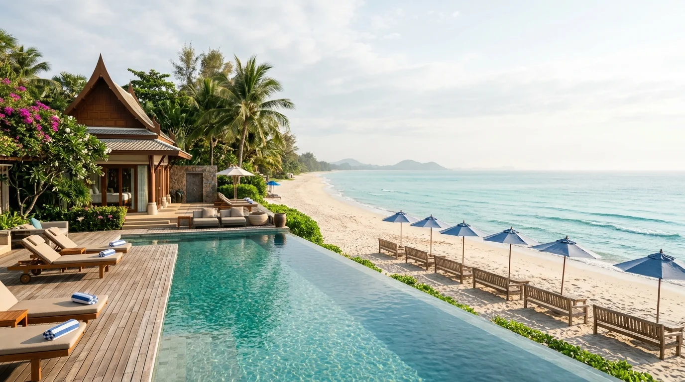 ชายหาดหัวหินช่วงเช้าแสงนุ่ม ทรายขาว น้ำทะเลสงบ มีม้านั่งไม้และร่มสีฟ้าเรียงตามแนวชายฝั่ง